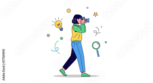 Person taking a photo with a camera, surrounded by abstract icons.