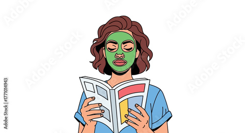 Woman with green face mask reading a magazine, cartoon illustration.