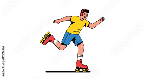 A man roller skating with headphones on a white background, vector illustration.