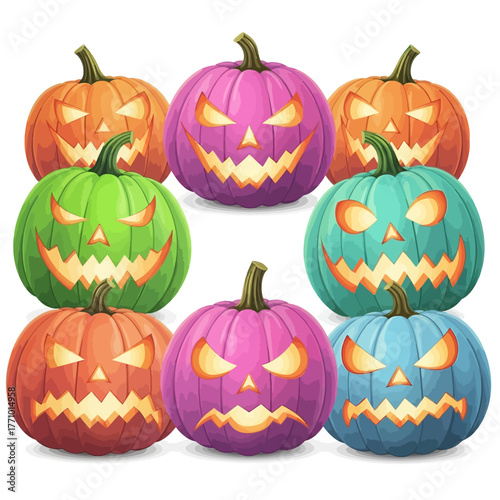 Set of Halloween Pumpkins in Various Colors with Spooky Carved Faces on White Background
