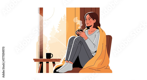 Woman wrapped in blanket enjoying a hot drink indoors by the window.