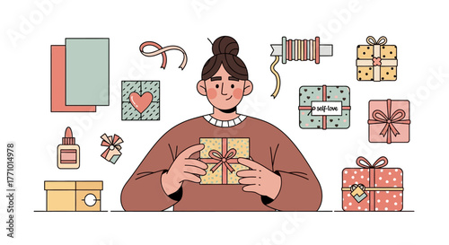 Woman wrapping gift boxes with ribbons and paper.