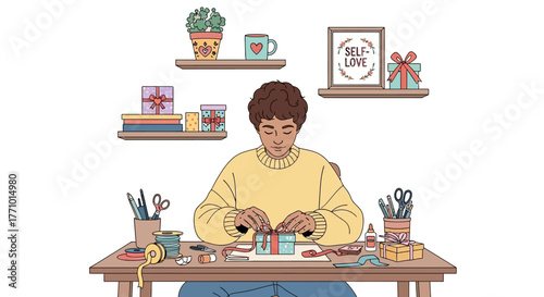 Illustration of a person wrapping a gift at a desk with shelves in the background.