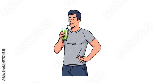 Man drinking green smoothie with straw, hand on hip.