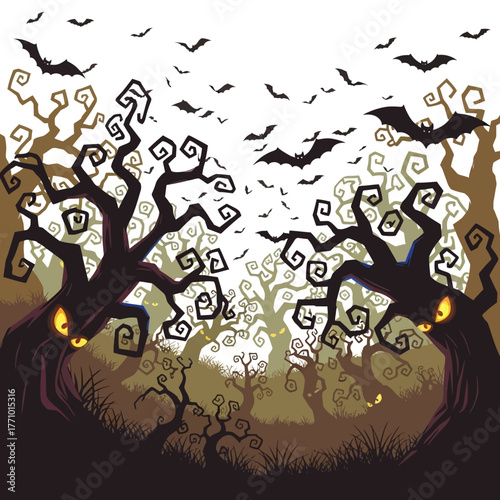 Spooky Forest Scene with Eerie Trees, Bats, and Halloween Vibe for Illustration or Design Projects