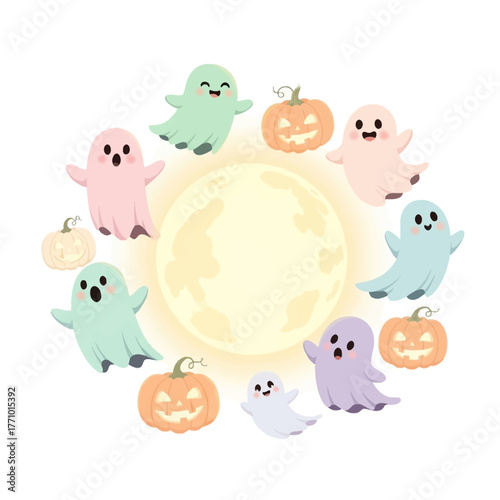 Charming cartoon ghosts and cheerful jack-o'-lanterns circle a radiant full moon, creating a delightful and festive Halloween illustration, perfect for seasonal designs and spooky celebrations