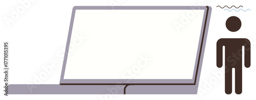 Person standing near a large laptop with a blank screen, showing stress or confusion. Ideal for concepts thumbs up online work, technology issues, stress management, productivity, isolation, digital