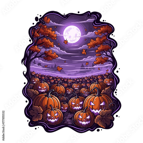 Mystical Halloween illustration of a spooky pumpkin field with grinning faces lit by a luminous full moon