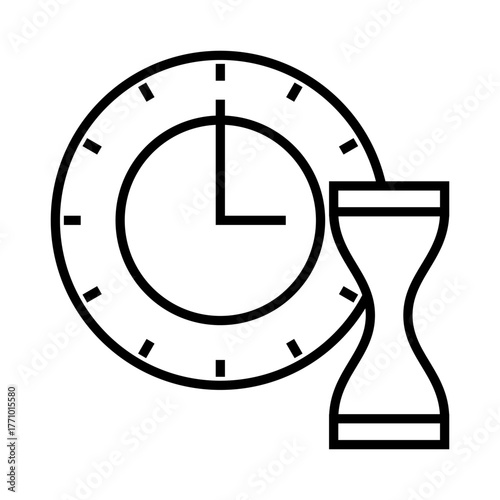 Minimal line illustration of a clock and hourglass symbolizing time, scheduling, and productivity management in a clean modern outline style.