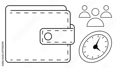 Wallet with stitched details, clock symbolizing time management, and group of three people suggesting teamwork, collaboration, and shared financial responsibilities. Ideal for financial planning