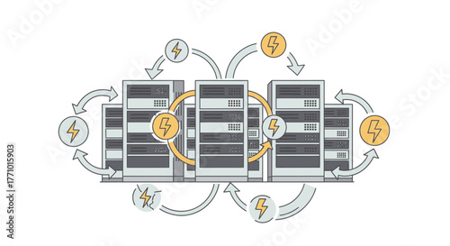 Efficient server network with lightning power cycle, ideal for data center visuals, technology presentations, and cloud computing illustrations, modern design