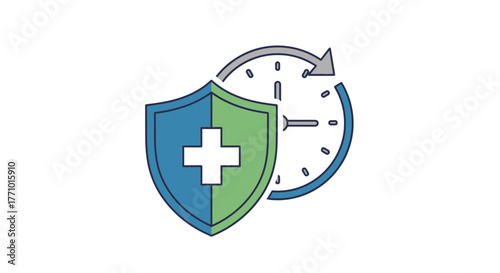 Reliable health protection concept with a shield and clock, offering security and timely medical care for peace of mind and long term wellness