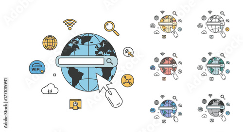 Global internet search with vibrant earth globe, wifi signal, magnifying glass, and mouse cursor connecting the world through online technology