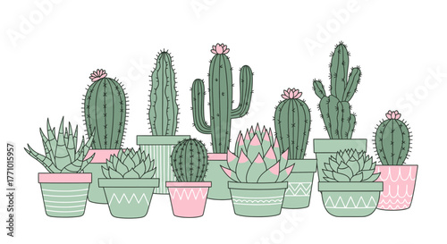 Charming collection of potted cacti and succulents, bringing desert vibes and a touch of nature to any space, perfect for botanical themes