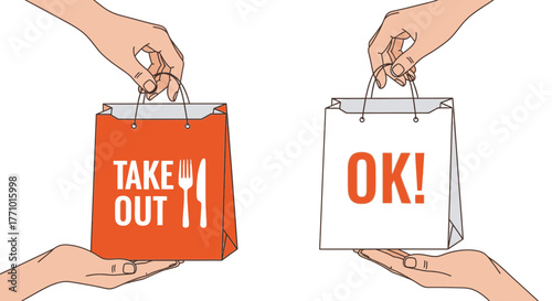 Convenient takeout food delivery with a smile, hands offering bags reading 'Take Out' and 'OK!', promising delicious meals and satisfaction, vector art
