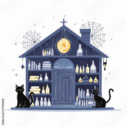 Vector illustration of a potion shop interior filled with glowing bottles, spell books, cobwebs, and a black cat, richly detailed and magical Halloween theme