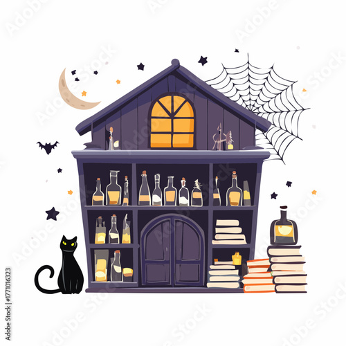 Vector illustration of a potion shop interior filled with glowing bottles, spell books, cobwebs, and a black cat, richly detailed and magical Halloween theme