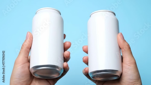Two hands holding two identical white aluminum beverage cans against a light blue background.