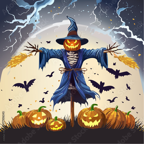 Highly detailed vector artwork of a creepy scarecrow in a pumpkin field under a stormy sky, crows flying, and distant lightning — dark Halloween mood