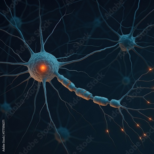 Neuron Cell Network – Abstract Scientific Illustration of Human Nervous System, Glowing Synapses, Axon Connections, High Detail 3D Render