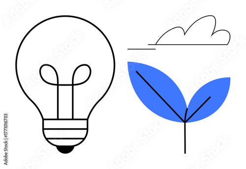 Light bulb paired with a sprouting plant and a cloud. Ideal for innovation, environment, renewable energy, eco-efficiency, clean technology, growth, green living. Simple flat metaphor