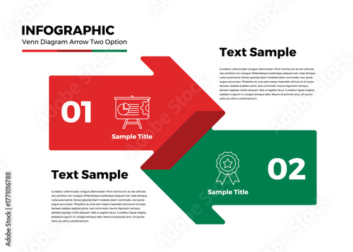 Venn infographic diagram 2 options with direction signs vector with vector illustration icons, for presentation, anual, web, corporate communication strategy.