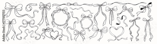 Coquette Ribbons and bows. Frames, swirls and garlands. Romantic borders and decorative elements in vintage line art style