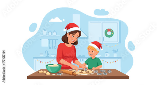 Adobe illustrator artwork vector illustration. Mother and son baking Christmas cookies in the kitchen, festive holiday season family activity