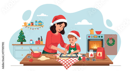 Adobe illustrator artwork vector illustration. Mother and son baking Christmas cookies in the kitchen, festive holiday season family activity
