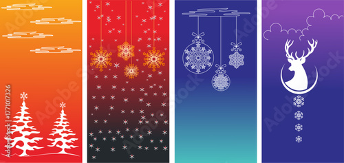Christmas card set with Christmas decorations and trinkets, vector Christmas cards with Christmas decorations