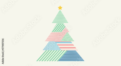 A christmas tree made of triangles with different colors and stripes on a cream colored background