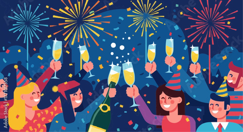 Group of people celebrating with champagne glasses and fireworks in a festive atmosphere scene design