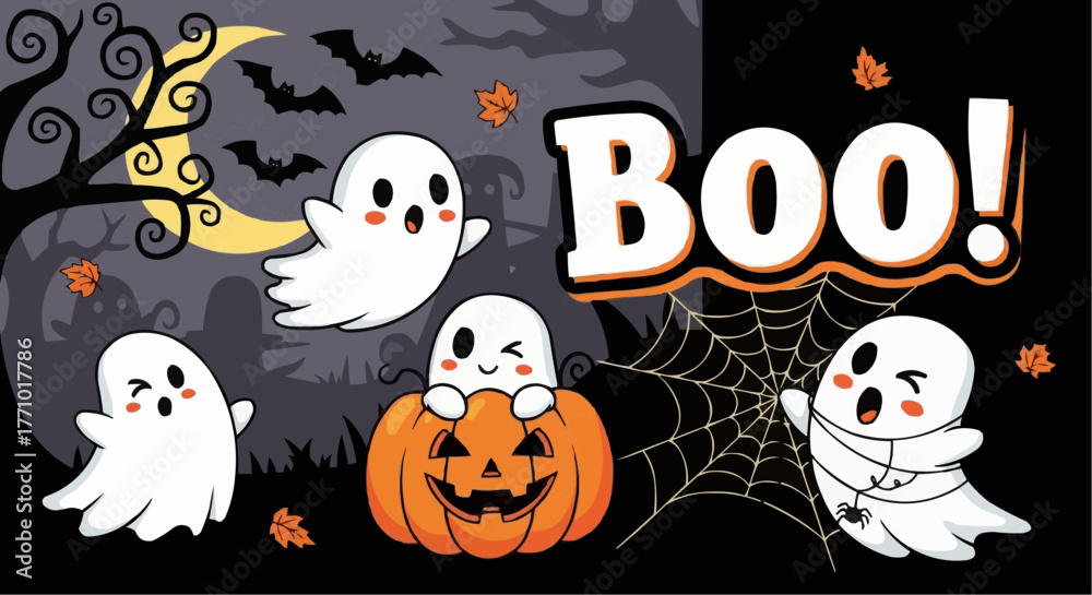 Obraz premium Cartoon halloween scene with ghosts pumpkin bats moon tree and boo message for halloween celebration