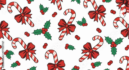 Festive christmas pattern featuring candy canes with red bows and holly berries on a white background