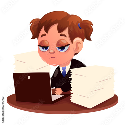 Vector illustration of a tired worker. Worker, office, fatigue, exhaustion, schedule, computer, coffee, burnout, stress, confusion