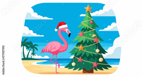 Pink flamingo wearing santa hat standing near christmas tree on a tropical beach scene illustration