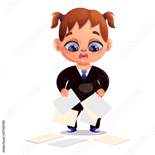 Vector illustration of a worker dropping papers. Worker, office, fatigue, exhaustion, schedule, computer, coffee, burnout, stress, confusion