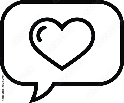 Heart message bubble icon, black outline vector for love chat and social media communication