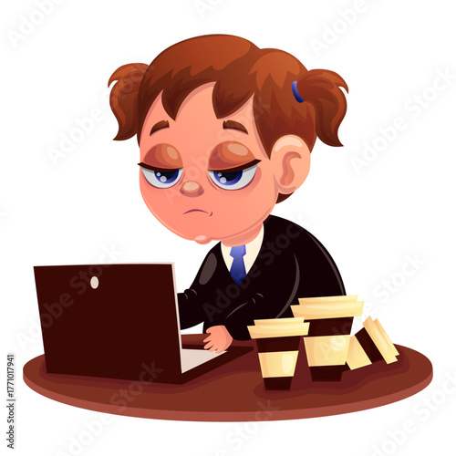 Vector illustration of a tired worker. Worker, office, fatigue, exhaustion, schedule, computer, coffee, burnout, stress, confusion