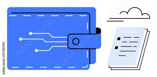 Blue digital wallet with circuit pattern and documents next to a cloud icon. Ideal for finance, technology, data management, security, innovation, e-commerce, digitalization. Simple flat metaphor