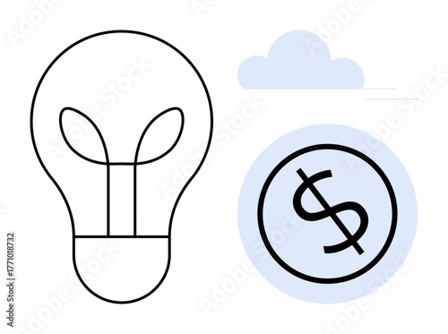 Lightbulb with leaf elements beside dollar coin, abstract cloud in background. Ideal for innovation, finance, sustainability, savings, creativity, energy economic growth. Simple flat metaphor
