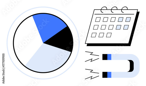 Minimalist pie chart, calendar with highlighted dates, and magnet. Ideal for data analysis, time planning, project management, marketing, productivity strategy and business ideas. Simple flat
