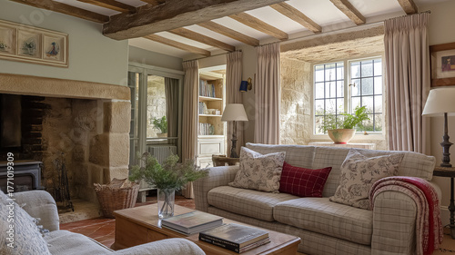 Cozy traditional English country living room, showcasing rustic stone fireplace, exposed wooden beams, and comfortable sofas