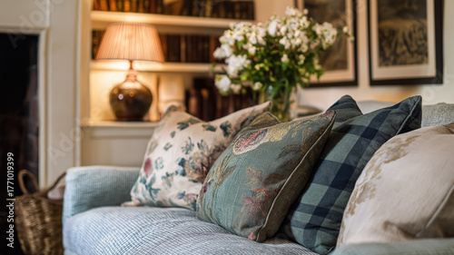 Comfortable sofa featuring patterned throw pillows, a warm lamp, and fresh flowers, creating an inviting and cozy living space