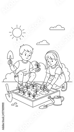 Children Gardening and Planting Seedlings in a Raised Bed, Coloring Book Illustration