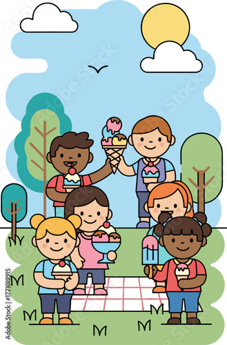 Diverse Children Having an Outdoor Picnic Eating Ice Cream Illustration