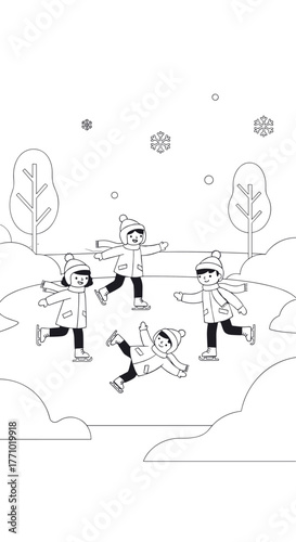 Children Ice Skating on a Frozen Pond, Coloring Book Illustration