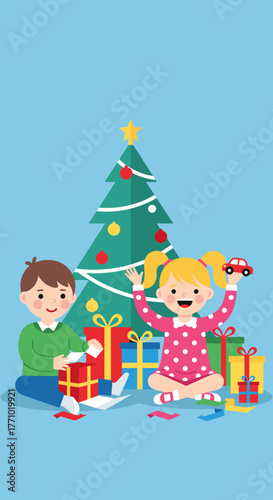 Children Opening Christmas Presents Next to a Tree Illustration