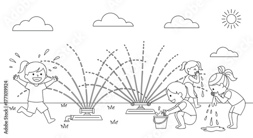 Children Playing in a Garden Sprinkler on a Summer Day, Coloring Book Illustration
