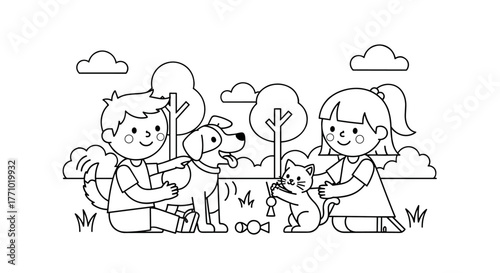 Children Playing with a Dog and Cat in the Park, Coloring Book Illustration